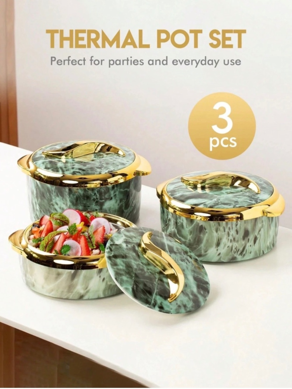 3Pcs Golden Touch Insulated Stainless-Steel Food Warmer - Green
